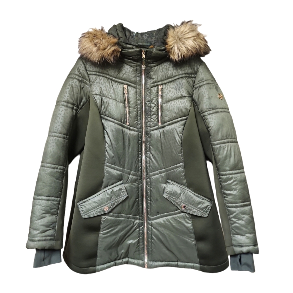 Michael Kors Green Puffer Jacket With Detachable Faux Fur Hood Size 1X